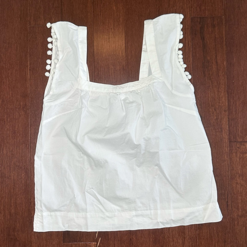 J. Crew White Sleeveless Blouse with Pom Pom Detail